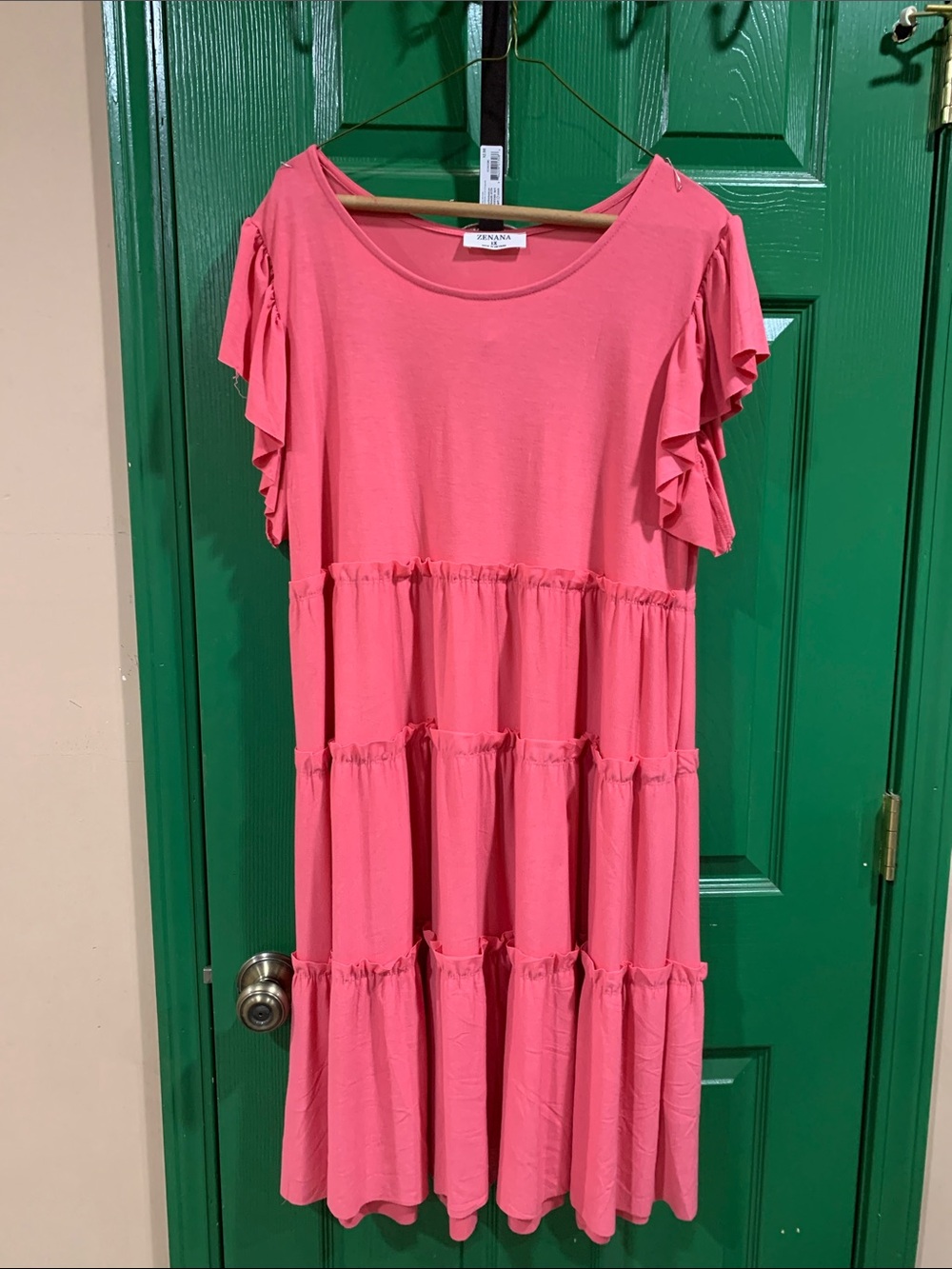 Zenana Outfitters Coral Pink Tiered Ruffle Sleeve Dress